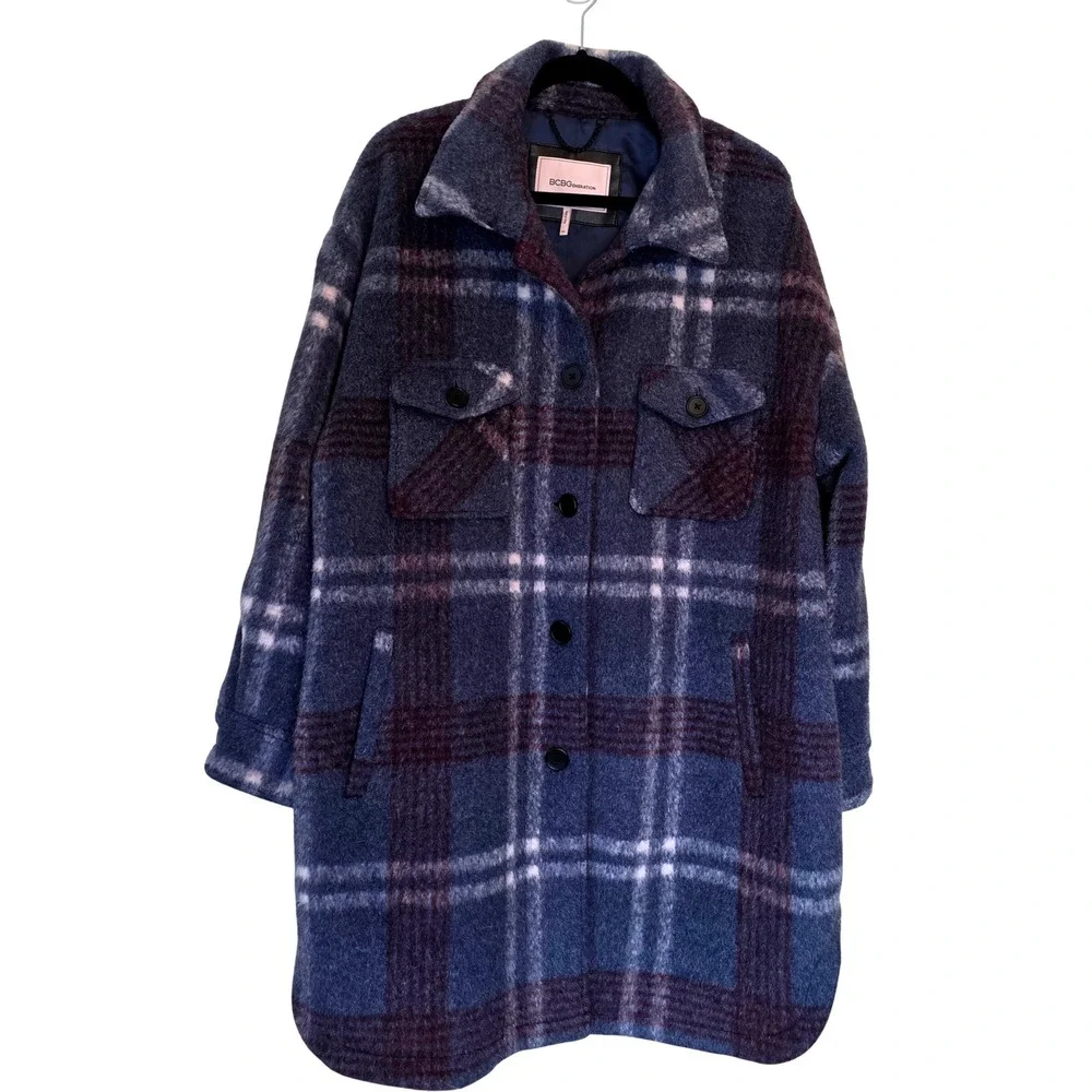 BCBGeneration Plaid Oversized Coat Jacket Burgundy Purple Blue‎ White Plaid XXL